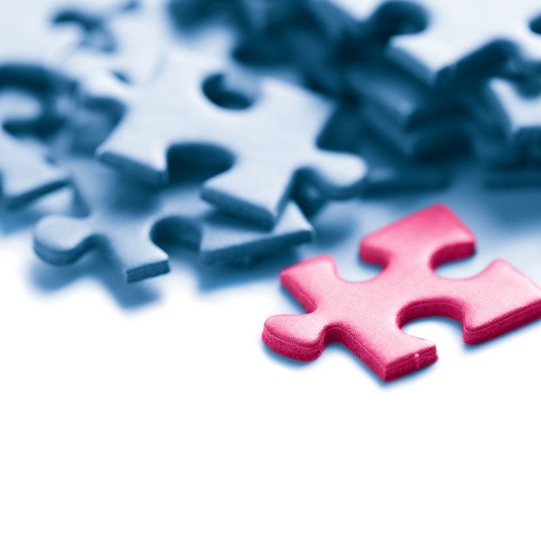 blue puzzle with one pink piece